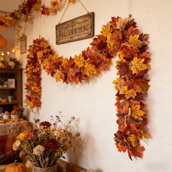 5.7ft Artificial Fall Leaf Garland, Thanksgiving Harvest Maple Foliage Vine, Hanging Greenery Decor for Mantel Fireplace Stair Door Home Indoor Outdoor Holiday Decoration, Yellow