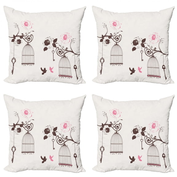 Ambesonne Vintage Throw Pillow Cover 4 Pack, Bird Cages Keys Doves, 18", Dark Brown Pale Pink