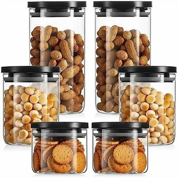 6-Pack Stackable Glass Food Storage Jars - 15/27/41oz Airtight Black Lid Canisters for Pantry