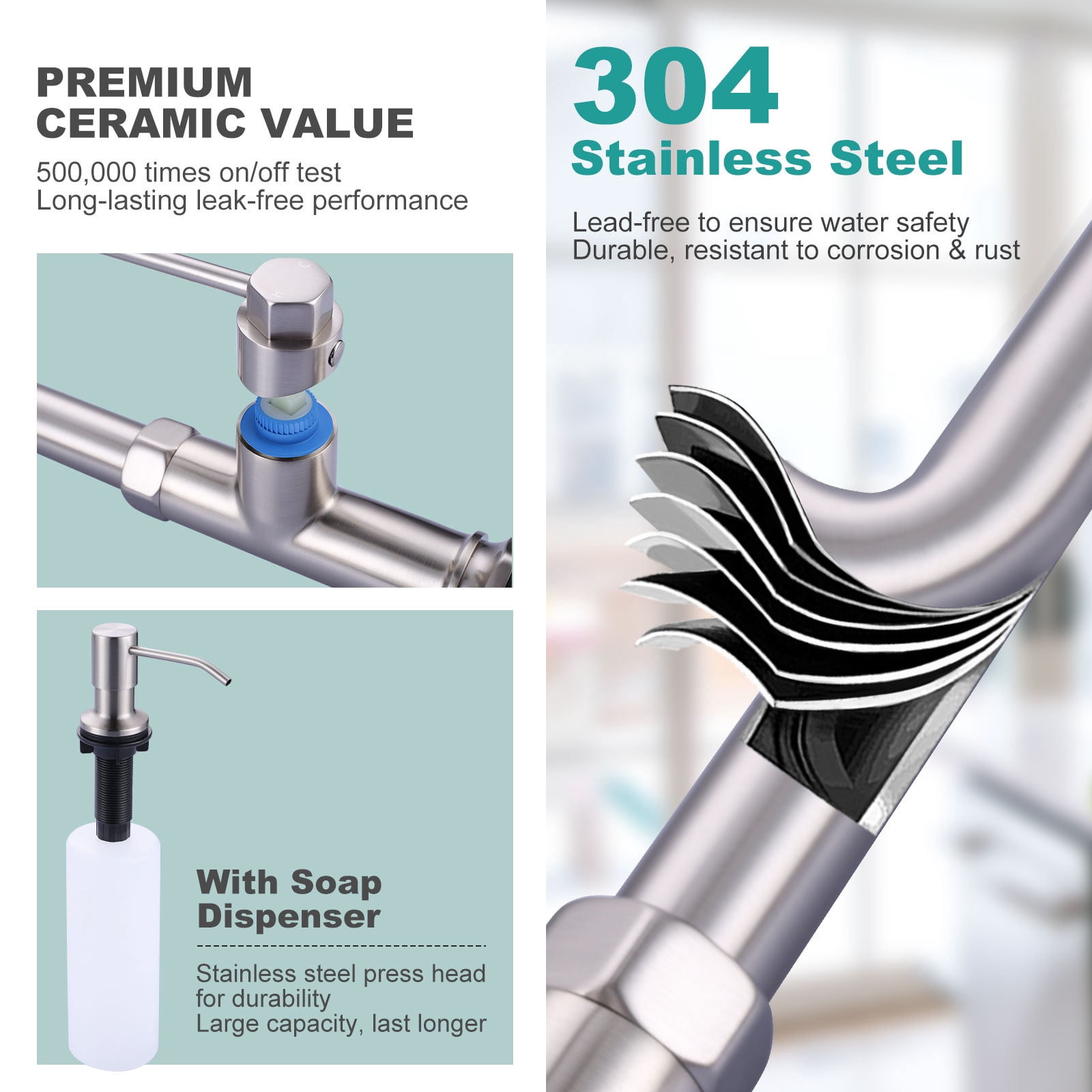 WOWOW Single-Handle Pull Down Sprayer Kitchen Faucet with Pull Out Spray Wand and Soap Dispenser in Brushed Nickel