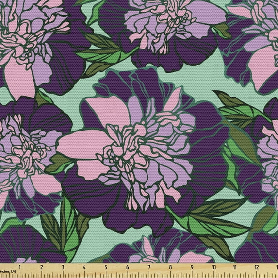 Floral Fabric by the Yard Upholstery, Abstract Spring Bouquets Petals Summer Essence of Blowing Buds Season, Decorative Fabric for DIY and Home Accents, Purple Rose Mint Green by Ambesonne