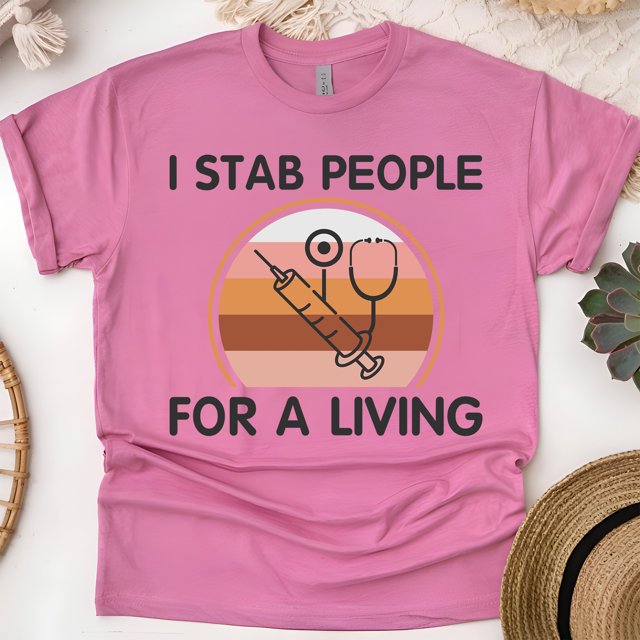 Funny Nurse Graphic T-Shirt with Syringe and Stethoscope Design, Heliconia, Size S