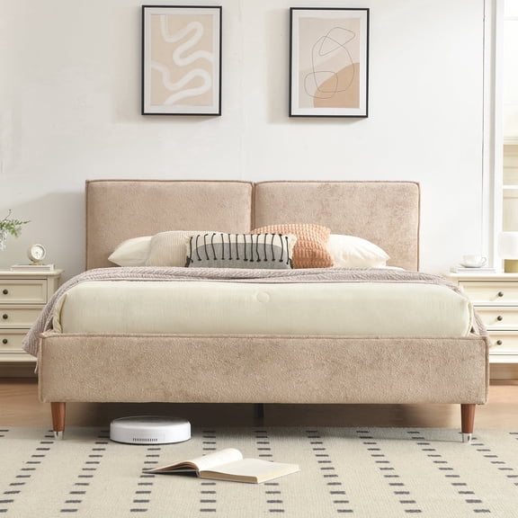 VELOCAVA Queen Size Bed Frame with 7'' Thick Headboard, Plush Velvet-like Upholstery Bed, Beige