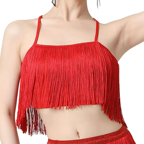 Top con flecos y borlas para danza del vientre para mujer, ideal para carnavales y mascaradas en clubes. rojo m