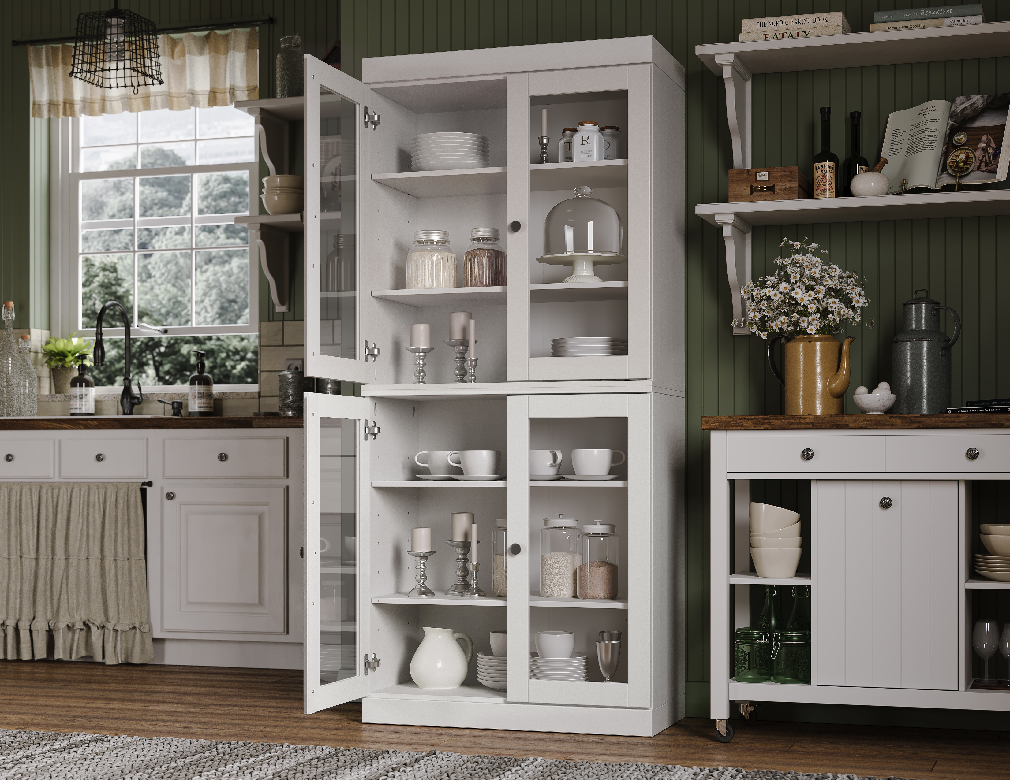 Palace Imports 100% Solid Wood Kitchen Pantry Storage Cabinet with Glass Doors and Adjustable Shelves, White