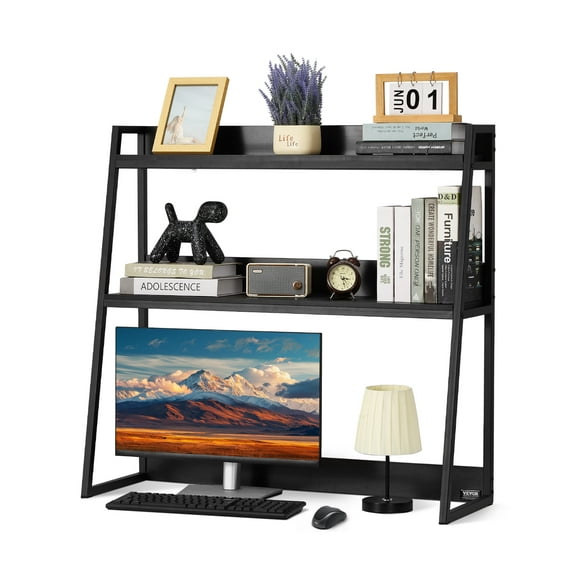 VEVOR Desktop Bookshelf, 2-Tier Desktop Storage Organizer, 37.4" x 12.6" x 35.4" Office Desk Storage Rack Display Shelf, Desktop Bookshelf Hutch with Anti-Slip Feet Pads, for Home & Dorm, Black