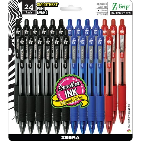 Zebra Pen Z-Grip retractable ballpoint pen 1.0mm, black, blue, red ink, 24-pack