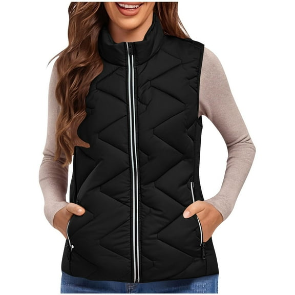 Hrsba Women Puffer Vest Sleeveless Cropped Outerwear, Women's Coats and Jackets Sleeveless Solid Color Lapel Loose Casual Outerwear