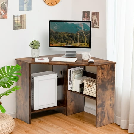 Costway Corner Computer Desk Triangle Writing Workstation w/Storage Shelf Rustic - Rustic Brown