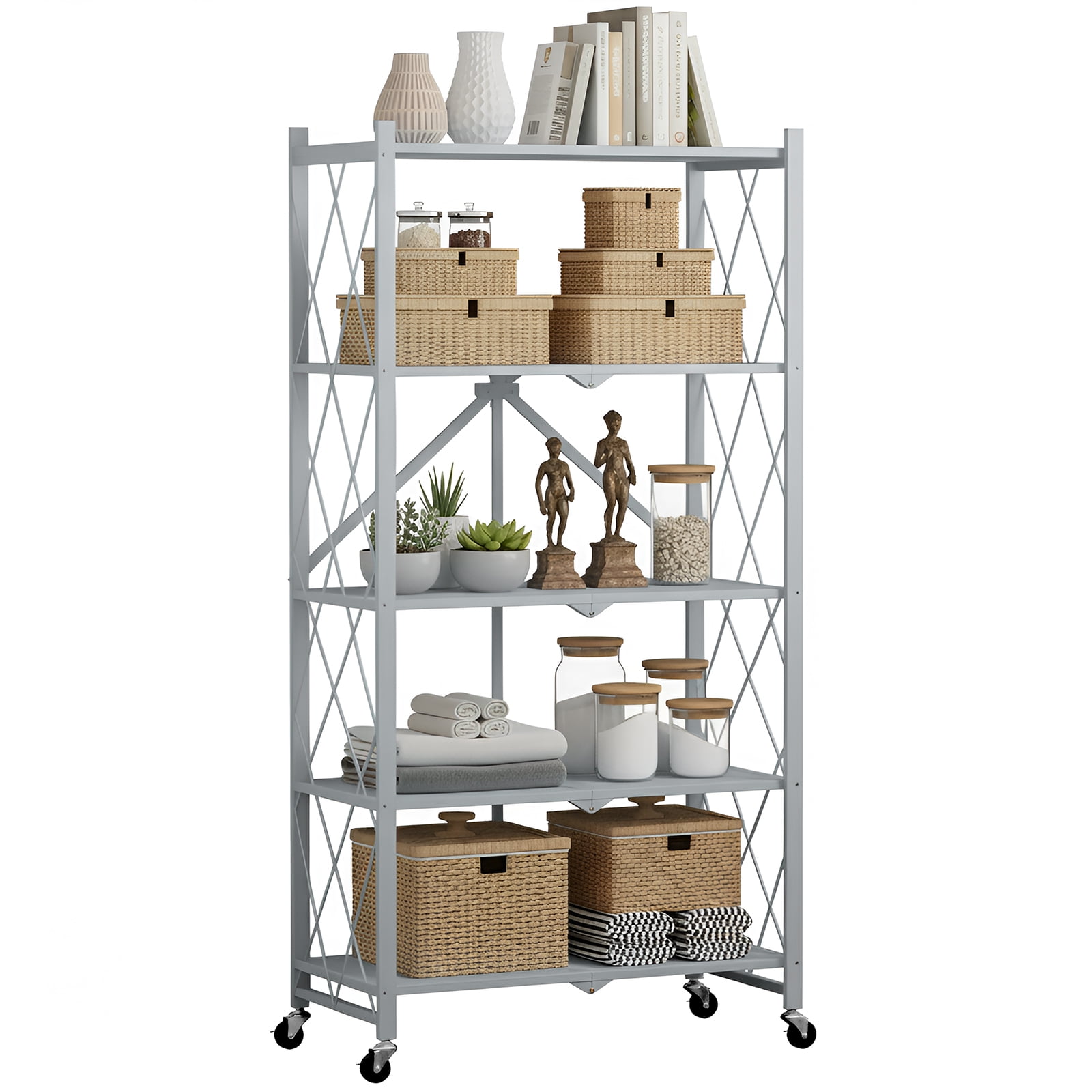 Foldable Shelves with Wheels, 5-Shelf Folding Metal Rack Organizer for Kitchen Garage Basement, Large Capacity Rolling Storage Shelf, Easy Fold & Roll, Gray