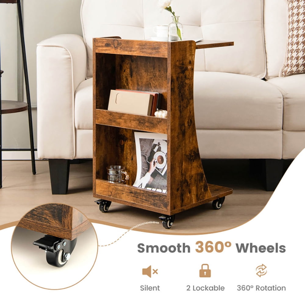 Finihen End Table, C-shaped Rolling End Side with Back Storage Shelves beside Sofa, Sofa Side Table, Bed Side Table, for Living Room, Bedroom, Rustic Brown Finihen End Table, C-shaped Rolling End Side with Back Storage Shelves beside Sofa, Sofa Side Table, Bed Side Table, for Living Room, Bedroom, Rustic Brown