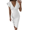 thumbnail image 2 of Loliuicca Women's Vintage Wrap V Neck Ruffle Sleeve Bodycon Midi Dress Ruched Evening Party Cocktail Pencil Formal Dress, 2 of 5