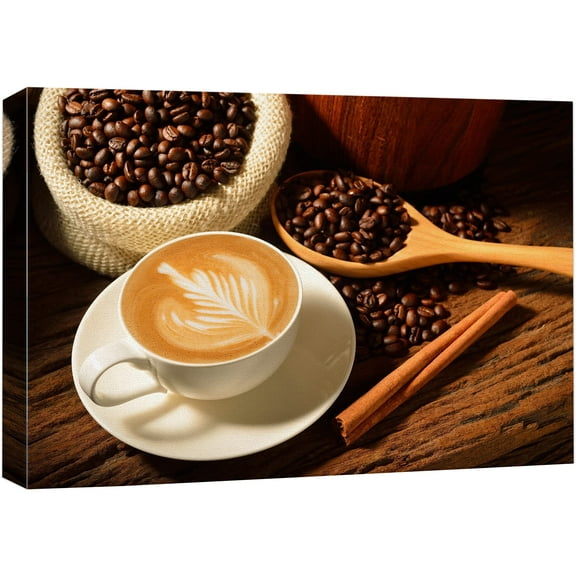 Canvas Prints Wall Art - a Cup of Cafe Latte and Coffee Beans | Modern Wall Decor/Home Art Stretched Gallery Canvas Wraps Giclee Print & Ready to Hang - 12" x 18"