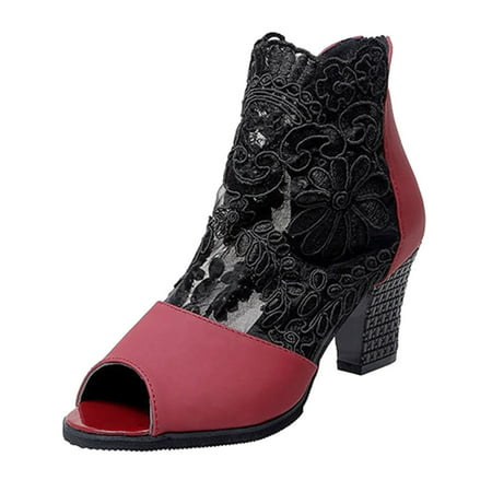 

Qufokar Womens Extra Wide Calf Boots Boots for Women Ladies Fashion Mesh Lace Back Zipper High Heel Fish Mouth Short Boots