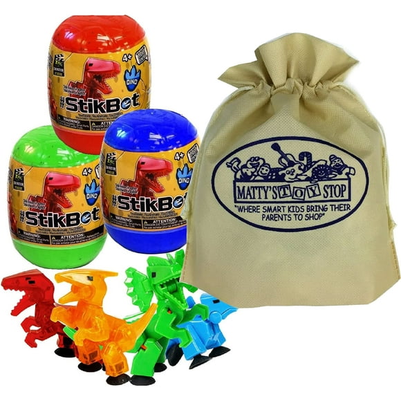 Hog Wild StikBot Dinosaur (Dino) Mystery Egg Figures Gift Set Bundle with Exclusive Matty's Toy Stop Storage Bag - 3 Pack (Assorted)