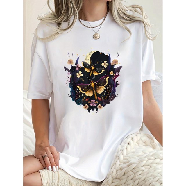 Camiseta de verano para mujer Manga Corta Women's Casual Butterfly & Moon Graphic Tee - Comfy Crew Neck Short Sleeve T-Shirt, Perfect for SummerFather's Day, Mother's Day, New Year, Spring Festival,