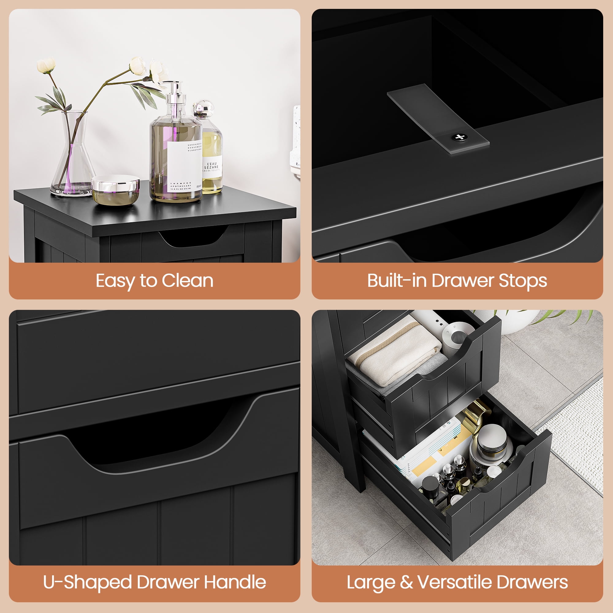 HomGarden 4 Drawers Small Bathroom Storage Cabinet Floor Side Cabinet, Black