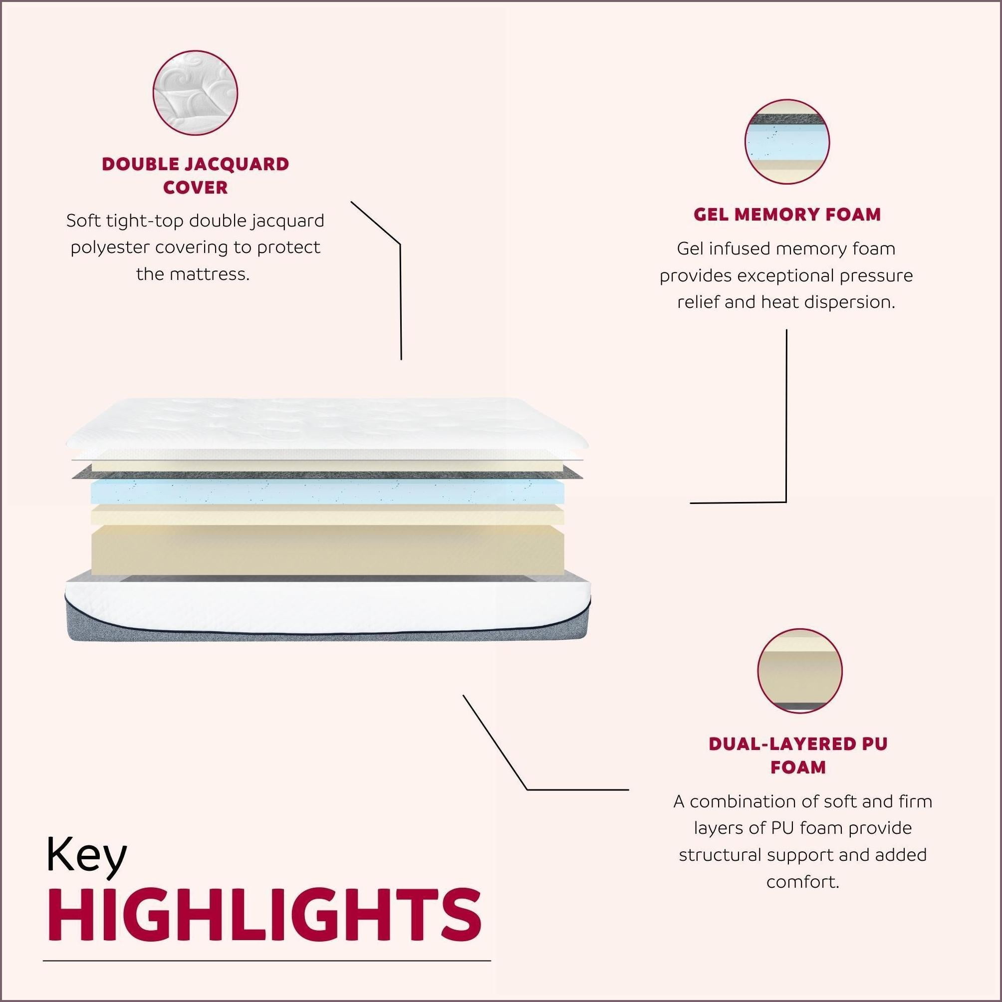 Mattresses, 13-Inch King Size Medium Gel Memory Foam Mattress with Ultra Plush Double Jacquard Cover, Bed in a Box | Polyester | Grey+White