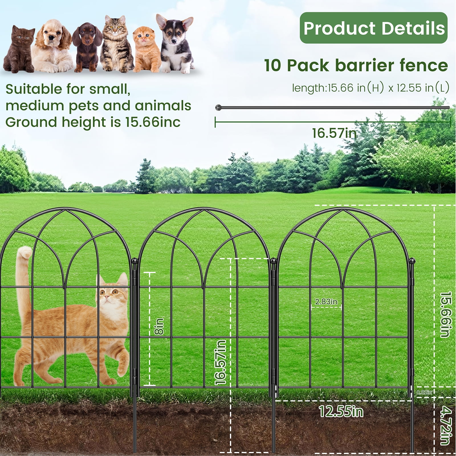 Black Garden Fences Animal Barrier, 12.55" * 16.48" Garden Border Fencing, Rustproof Metal No Dig Fence for Dogs, Outdoor Fence, Dog Fencing for Patio, Flower Bed, Farm (Medium 10 PCS)