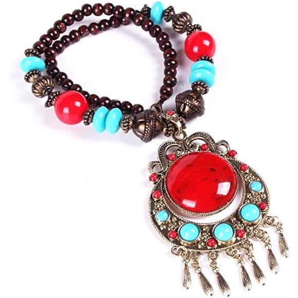 Fashion Wood Beaded Turquoise Pendant Necklace Retro Bohemian Necklaces Charm Pendant Boho Necklace for Women Girl Costume Jewelry