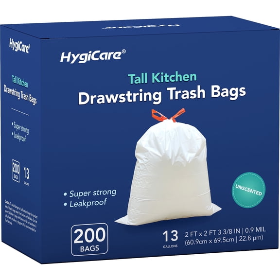 HygiCare 13 Gallon Tall Kitchen Drawstring Trash Bag, 200 Bags, Unscented, Super Strong, Leakproof