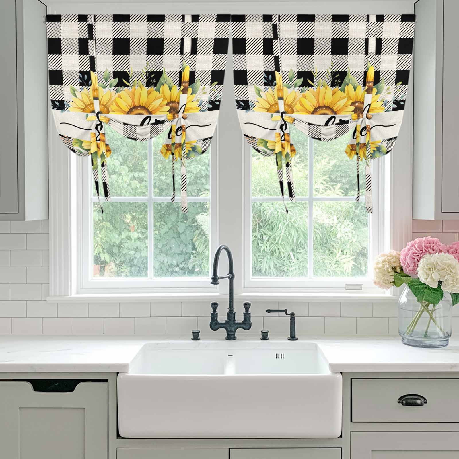 Summer Welcome Tie Up Curtain 45 Inches Long, Yellow Sunflower Leaf Retro Linen Black Plaid Balloon Style Kitchen Window Curtain Over Sink, Small Window Rod Pocket Curtain 52"x45"