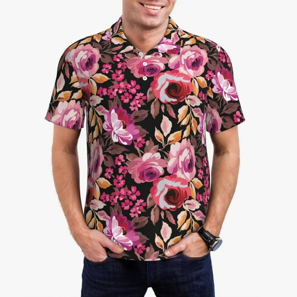 Balery Rose Flowers Camisa Polo de Hombre con Estampado, de Manga Corta y Tejido Medio, Camisa Tipo Golf Polo-Large