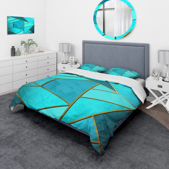 Designart 'Yellow Triangular Geometry over Background of Shades of Cyan' Modern & Contemporary Duvet Cover Set