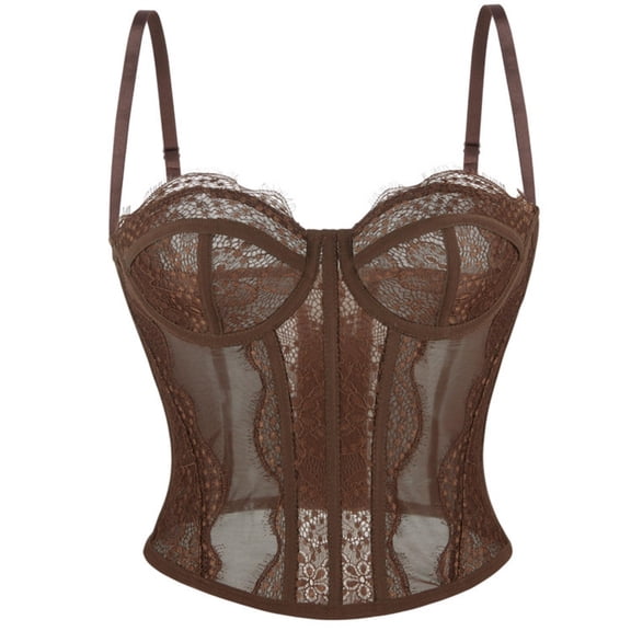 JGGSPWM Women's Spaghetti Strap Mesh Floral Lace Corset Tops Lace-Up Bustier Going Out Date Night Party Crop Cami Top Brown XS