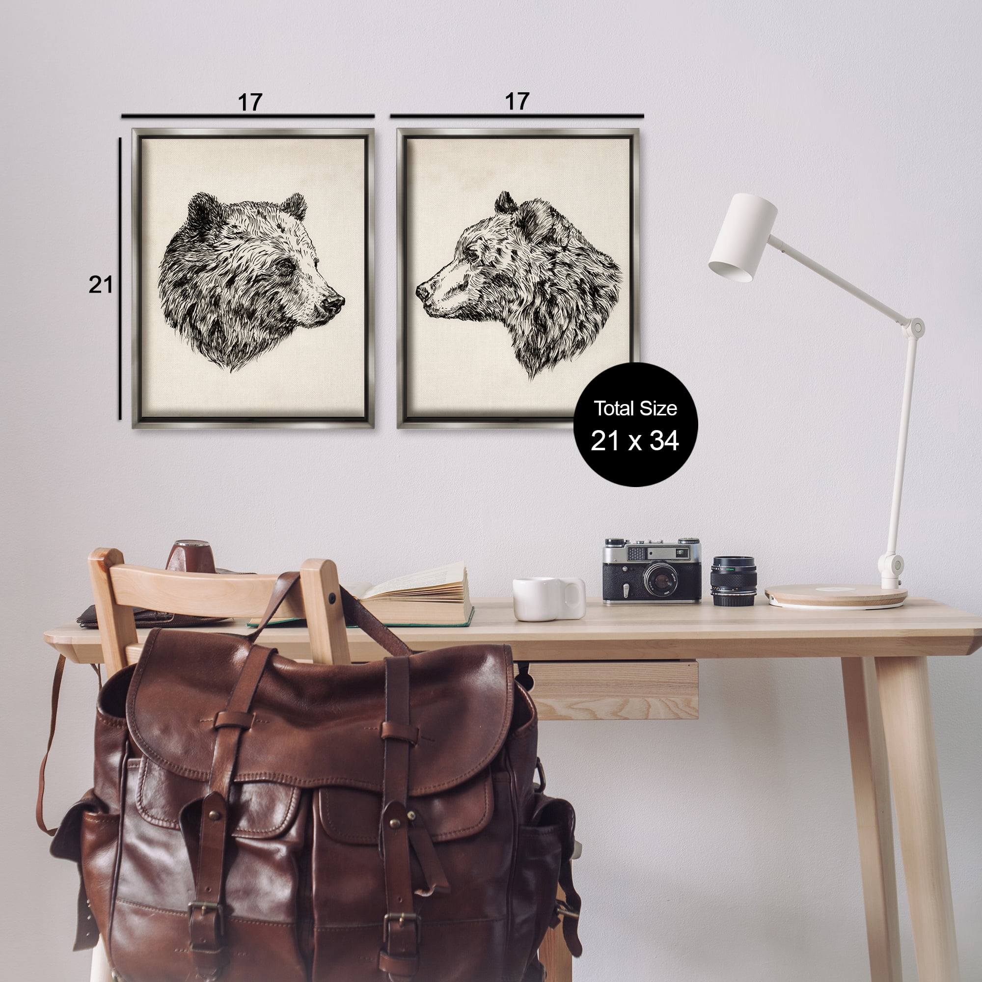 Stupell Industries Portrait Brown Bear Animal Animals Drawing Gray Floater Framed Canvas Art Print Wall Art, 17 x 21, Set of 2