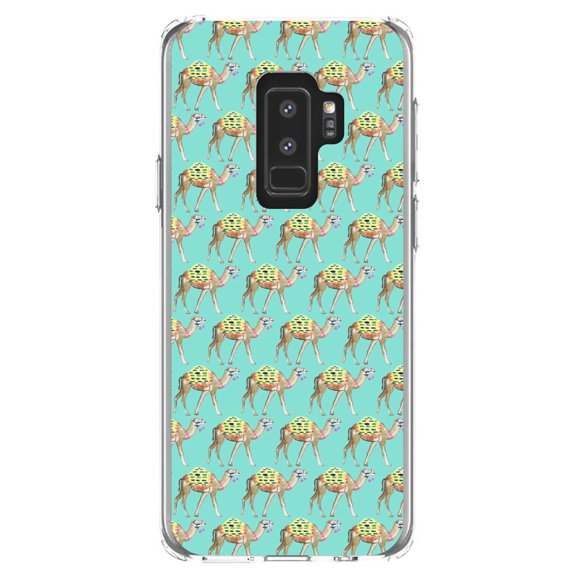 DistinctInk Clear Shockproof Hybrid Case for Samsung Galaxy S9  PLUS (6.2" Screen) - TPU Bumper, Acrylic Back, Tempered Glass Screen Protector - Preppy Pattern - Camels on Teal Background