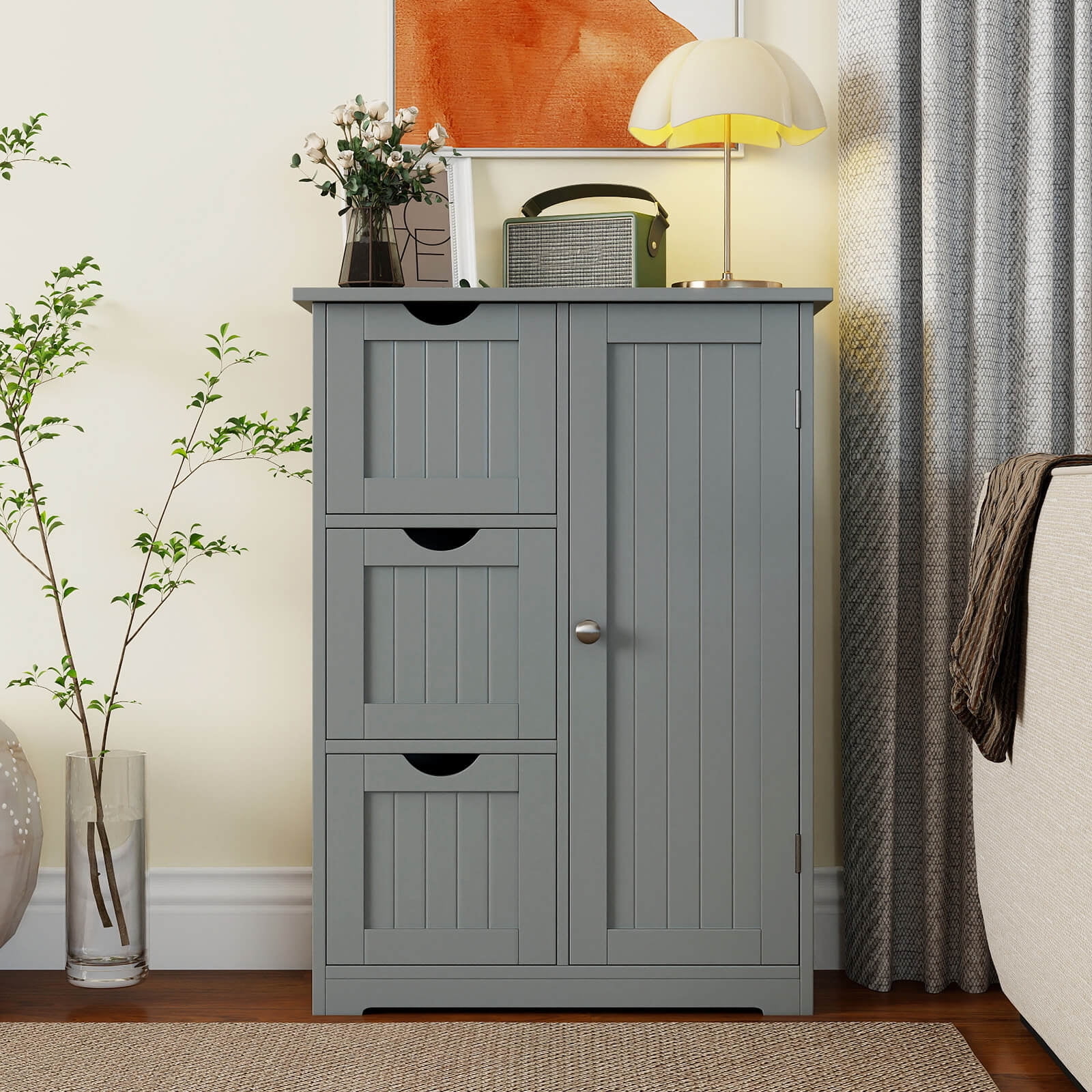 Costway Bathroom Floor Cabinet Side Storage Cabinet with 3 Drawers and 1 Cupboard Grey