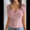 thumbnail image 4 of Camisetas de Verano de Corta con Cuello en U para Mujer, Blusa Informal de Punto Henley con Botones Acanalados. Rosa M, 4 of 10