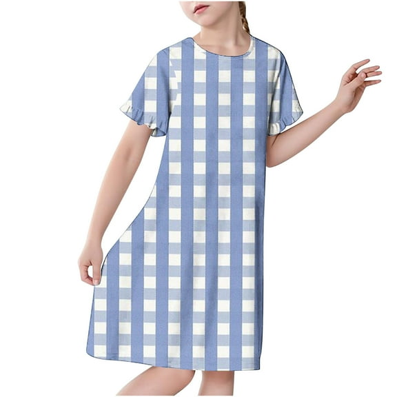 Atogsazn Children's Girl Dress Kids Casual Plaid Crewneck Short Sleeve Dress Summer Clothes Tunic Midi Dress 01-Blue 5-6 Years