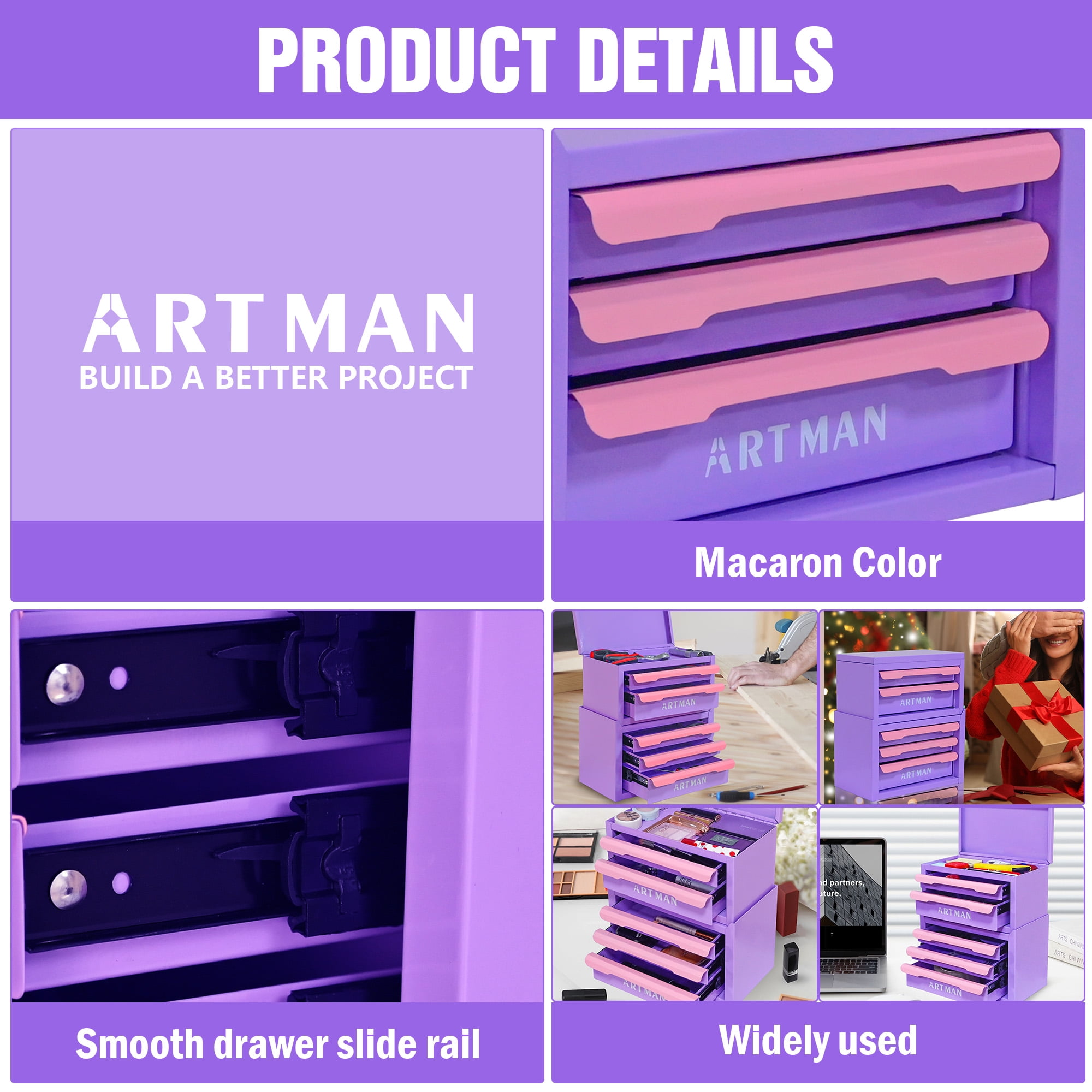 JXXRZ Mini Desktop Storage Box with 5 Drawers, Desk Organizer for Office, Stationery & Cosmetics, Purple-Pink