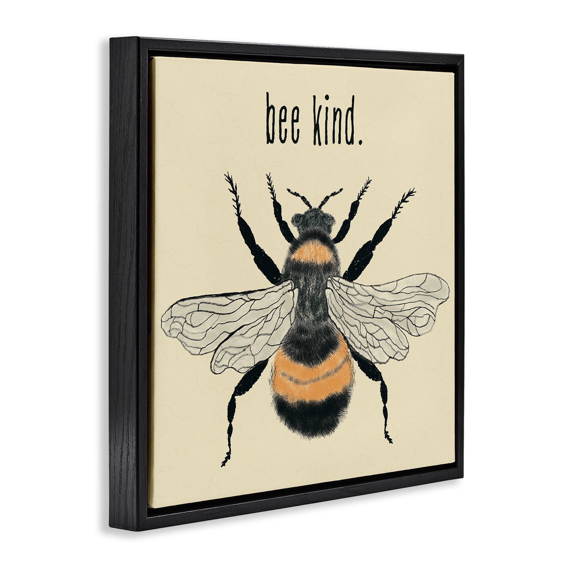 Stupell Industries Bee Kind Detailed Bumble Insects Painting Black Floater Framed Canvas Art Print Wall Art, 18 x 18