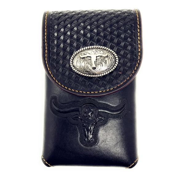 Western Cowboy Tooled Basketweave Leather Longhorn Concho Belt Loop Smartphone Holder Holster Case