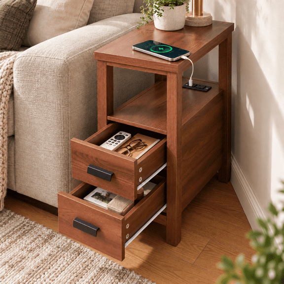 Solterielle Narrow Nightstand with Charging Station, Walnut side Table with 2 Drawers, Small End Table for Bedroom and Living Room,Warm Brown