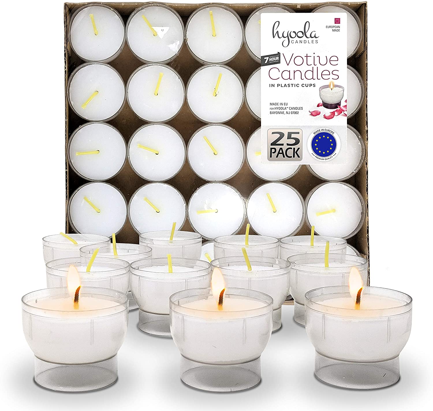 Hyoola, 7 Hour Clear Plastic Cups + Votive Candles White (25 Pack