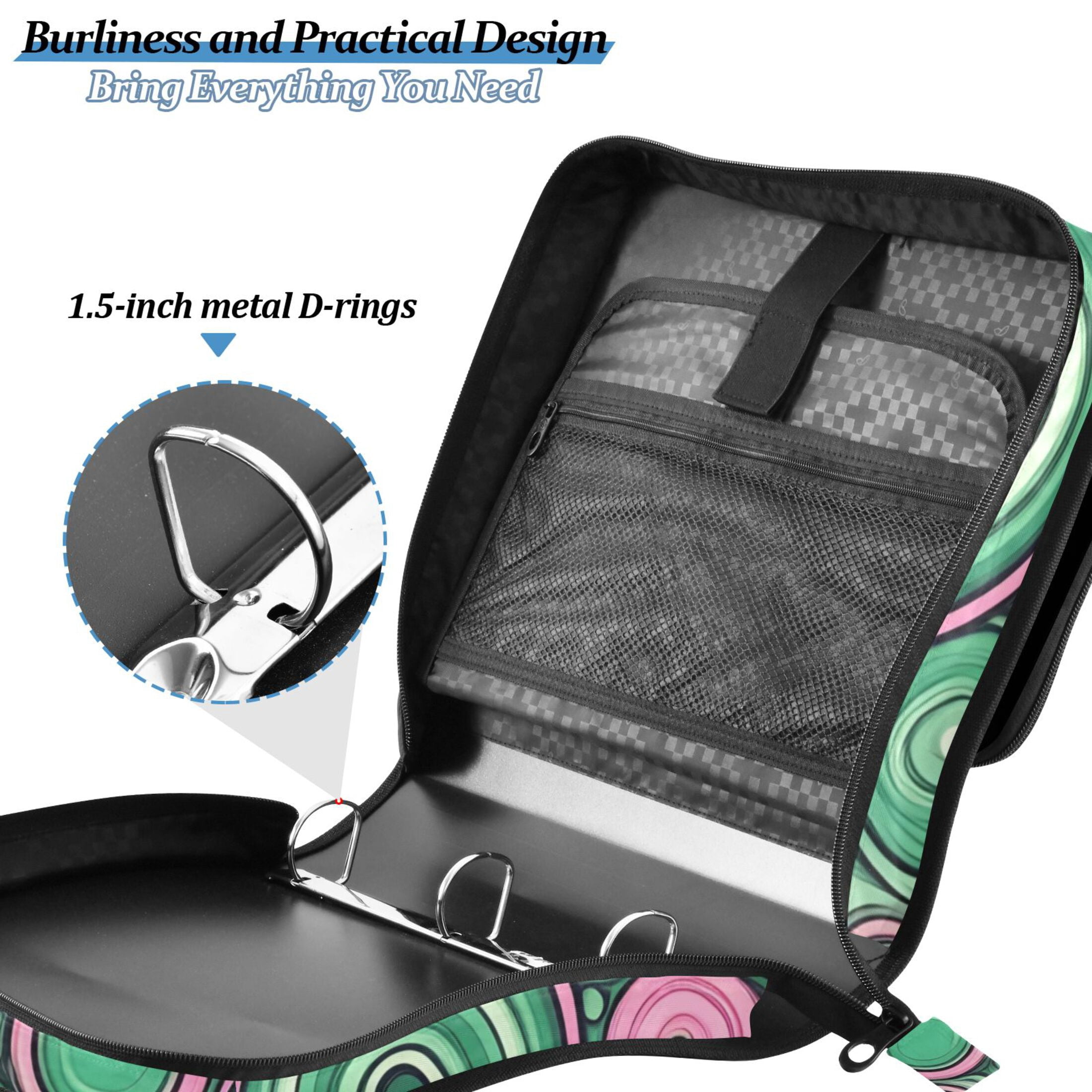 3 Ring Zipper Binder with Shoulder Strap Waterproof Trapper Keeper 2 Inch D-Ring 500 Sheets Capacity Abstract Pink Green Circles