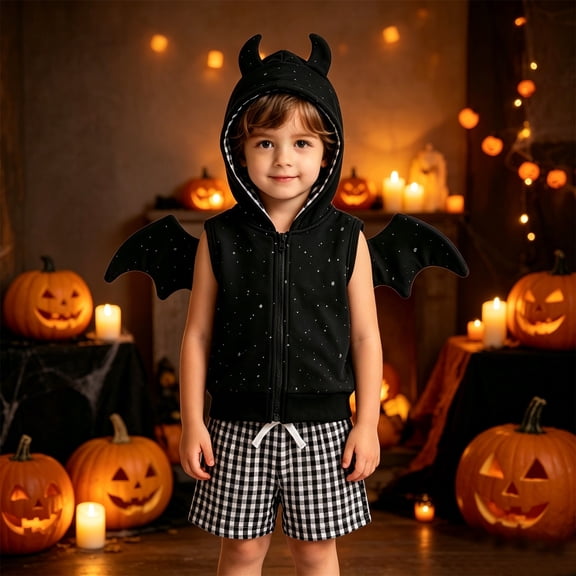 Infant Boys 2 Piece Outfits Halloween Hooded Vest and Plaid Shorts Sets Size 6-12 Months ,Black