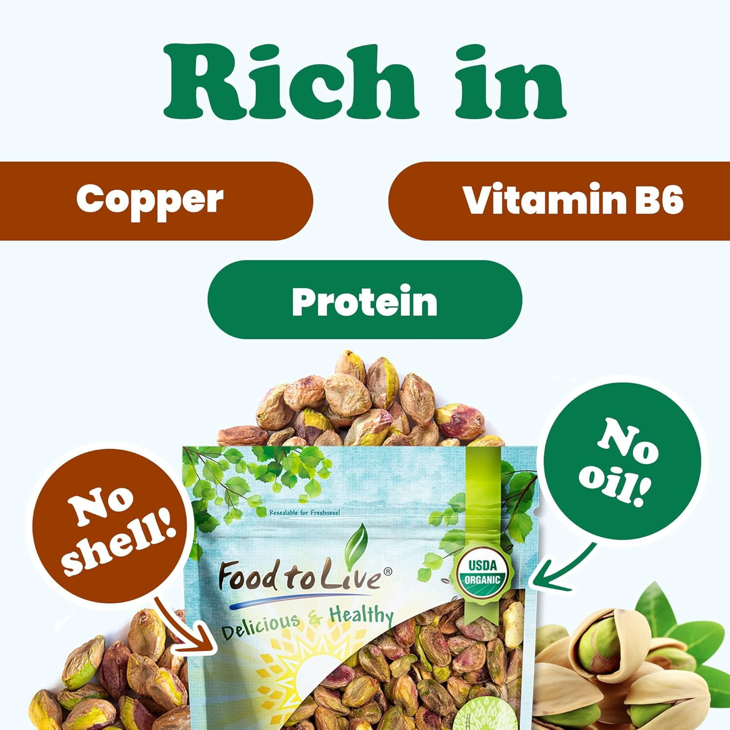 Organic Dry Roasted Pistachio with Himalayan Salt, 1 Pound – Non-GMO, Vegan, Kosher, Bulk - by Food to Live