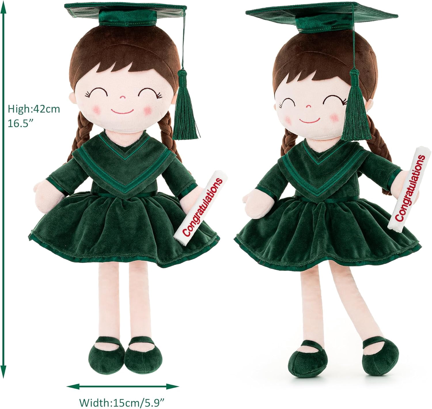 Gloveleya 16" Dark Green Graduation Doll - Elegant Plush Scholar Doll with Cap & Gown - Kindergarten Graduation Keepsake, Class of 2026 Achievement Gift