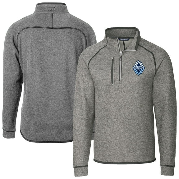 Men's-Cutter & Buck  Heather Gray Vancouver Whitecaps FC Big & Tall Mainsail Sweater-Knit Half-Zip Raglan Jacket