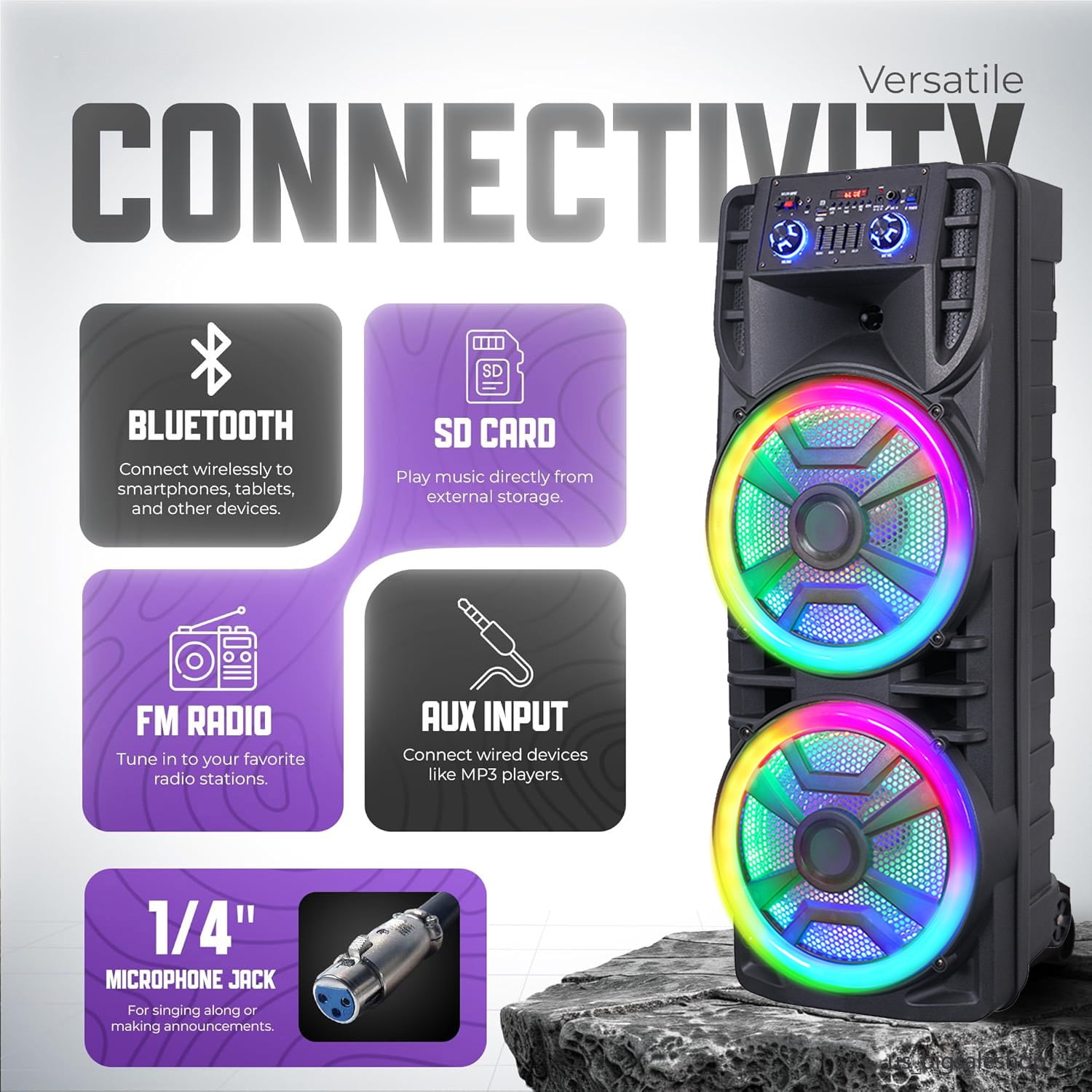 RIDWIND 8000W Peak Power Dual 12" Woofers Portable Bluetooth Speaker Indoor & Outdoor Loud Heavy Bass Sound System With Microphone RGB Party Lights Remote Control Support TWS/USB/FM/AUX/TF