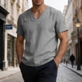 thumbnail image 2 of hoksml Men's V Neck Short Sleeve Cotton Linen T Shirt, Solid Color Breathable Casual Tops for Beach Daily Wear and Summer Casual, 2 of 8