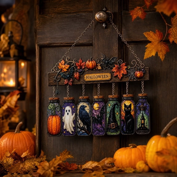 Bklubk Halloween Decorations Hanging Sign Stained Glass Style 7 Potion Bottles Wall Decor Vintage Spooky Halloween Ornament For Indoor Window Door Porch Holiday Party