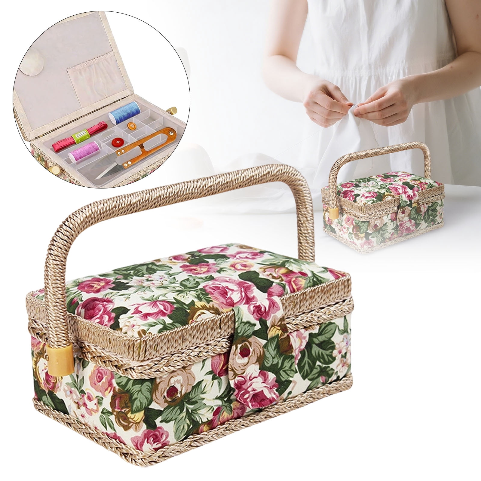 Gnwei Large Vintage Sewing Basket, Sewing Basket with Rose Floral Print Design- Sewing Kit Storage Box with Removable Tray, Built-In Pin Cushion and Interior Pocket - 7.5" x 5.1" x 3.9"