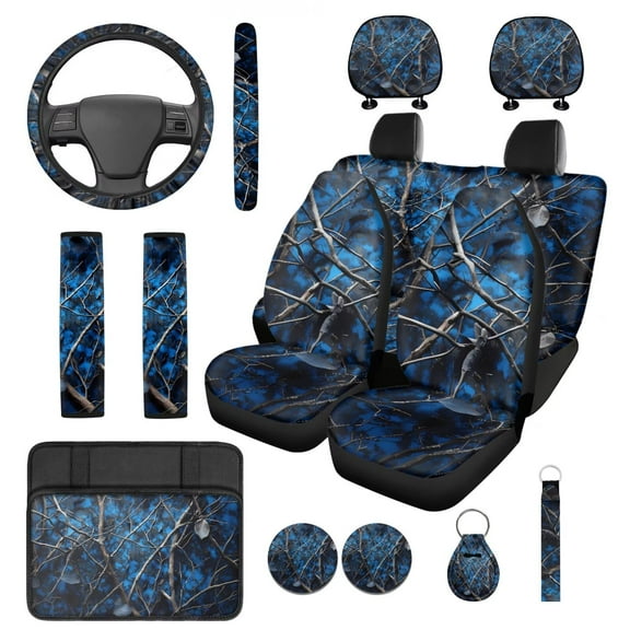 Yuyamidu Camo Hunting Car Seat Covers Full Set of 14 Blue Wood Steering Wheel Cover Armrest Box Mat Seatbelt Pad Headrest Covers Coasters Keychain Fit for SUV Van Truck Sedan