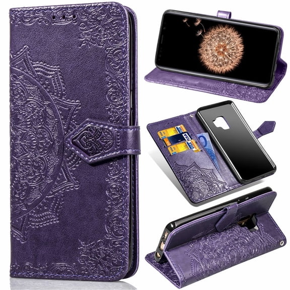 Galaxy S9 Wallet Cases and Covers, Allytech Slim Premium PU Flip Stand Cover Mandala Embossed Full Body Protection with Card Holder Magnetic Closure for Samsung Galaxy S9 Phone, Purple